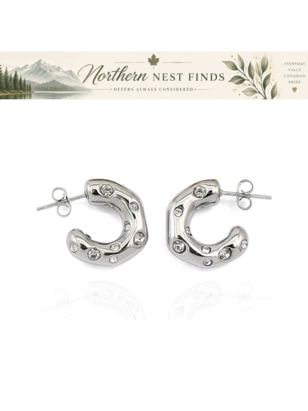 Chunky C-Shape Hoop Earrings 18K Gold Plated CZ Studded Hypoallergenic
